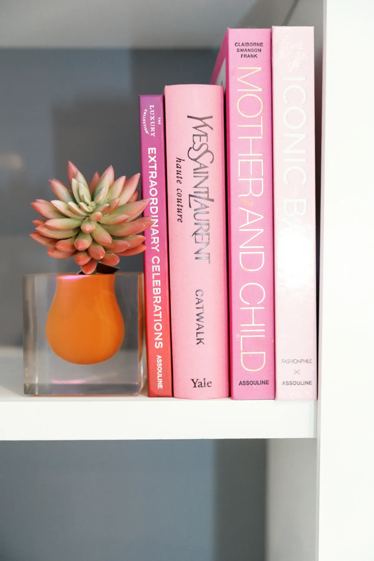 Pink fashion books and an orange vase with a succulent on a white built-in shelf