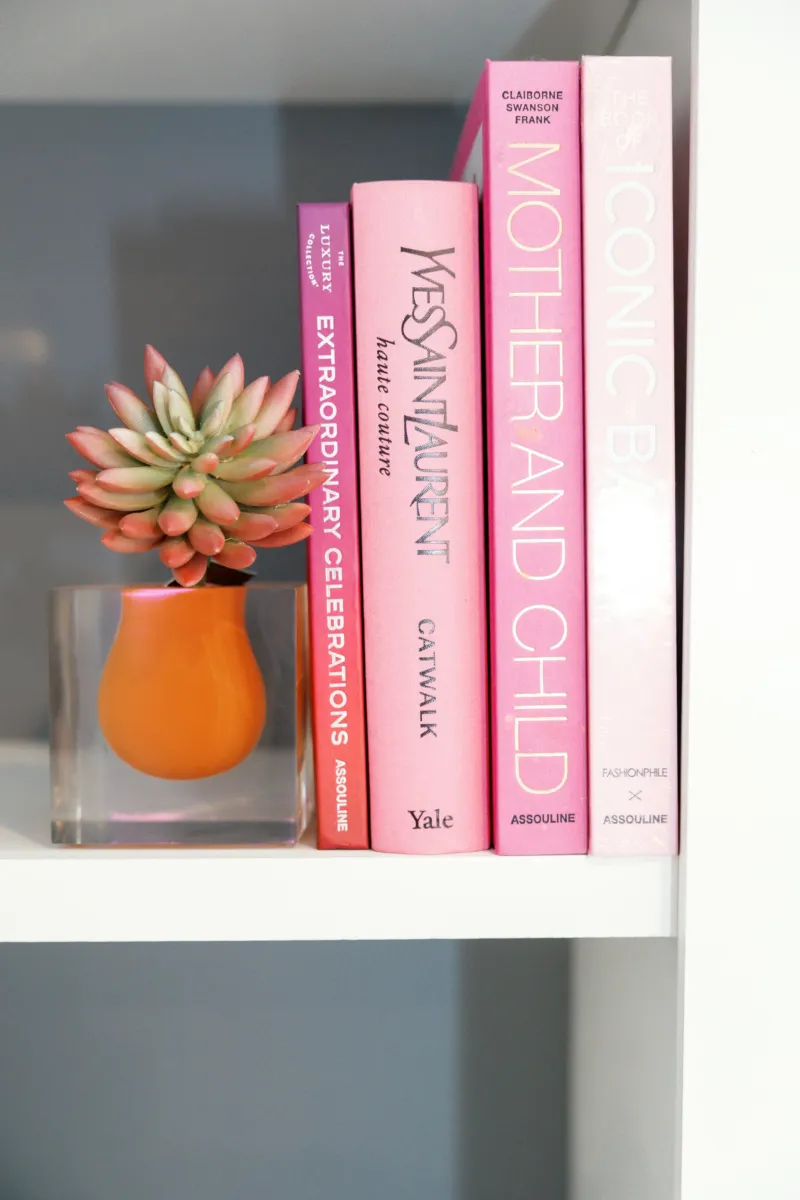 Pink fashion books and an orange vase with a succulent on a white built-in shelf